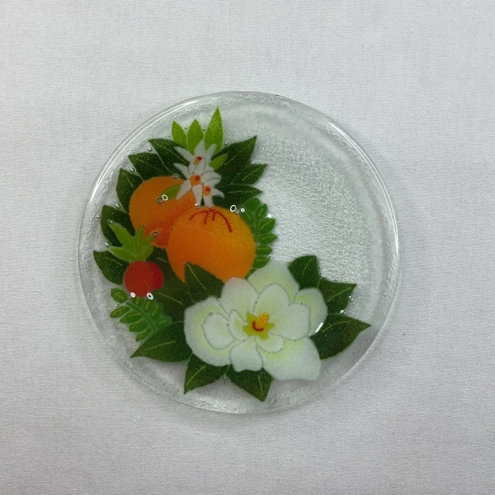 Peggy Karr‎ Signed Fused Glass Plate Oranges Magnolia Blossoms Citrus Art Glass